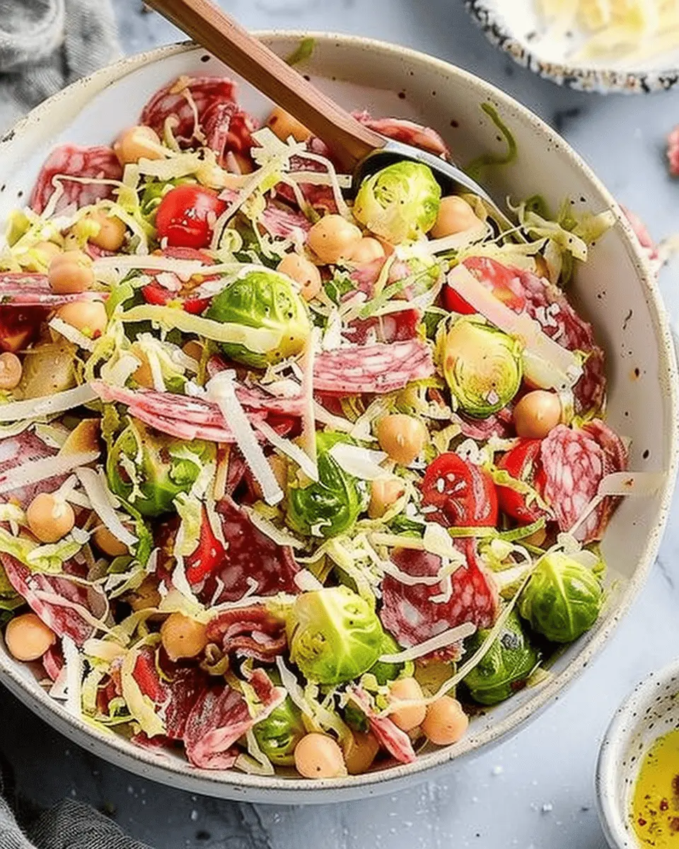 Italian Chopped Brussels Sprouts Salad with Chickpeas and Turkey Bacon