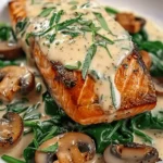 Garlic Butter Salmon with Spinach and Mushrooms in Creamy Sauce