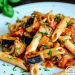 Caramelized Onions, Roasted Eggplant, and Tomato Penne Pasta (vegan, gluten-free)