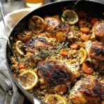 One Pot Lemon Rosemary Dijon Chicken and Butter Toasted Rice Pilaf