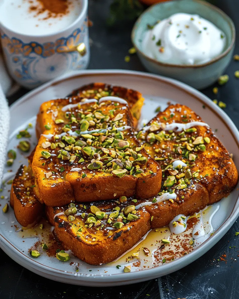Pistachio Crusted Pumpkin Spice French Toast with Turkey Bacon