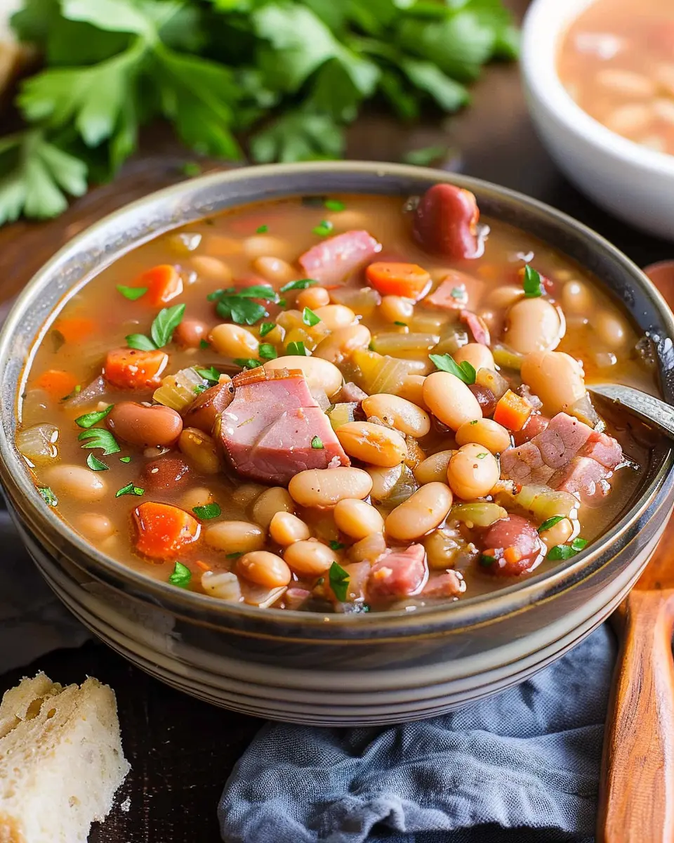 Slow Cooker Ham and Bean Soup with Turkey Bacon and Chicken Ham